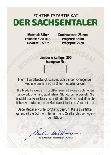 Preview: Silber-Sachsentaler Freie Sachsen (auf 200 Stück limitiert)