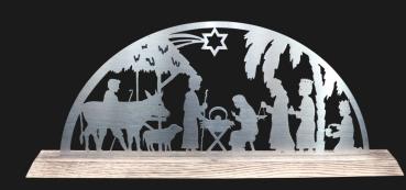 Edelstahl-Schwibbogen 600 x 60 x 235mm - Christi Geburt mit Holzfuß