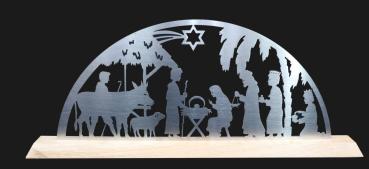 Edelstahl-Schwibbogen 600 x 60 x 235mm - Christi Geburt mit Holzfuß