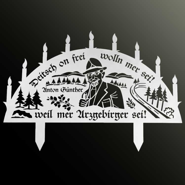Edelstahl-Schwibbogen 600 x 410mm mit Erdspieß - 2 Motive Anton Günther und Original zur Auswahl
