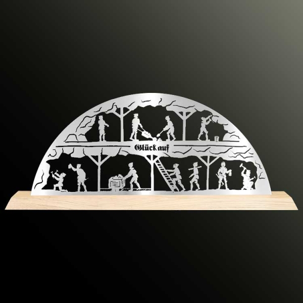 Edelstahl-Schwibbogen 600 x 60 x 235mm - Glück Auf mit Holzfuß